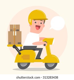 Smiling young man postal delivery with motor bike - white speech bubbles - Vector Illustration