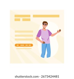 Smiling young man presenting website or social media profile with personal information, online cv or resume, internet account, landing page or electronic document