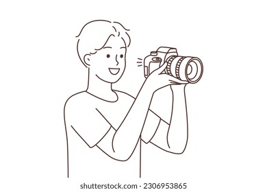 Smiling young man with professional camera taking pictures. Happy guy photographer working with equipment. Photography. Vector illustration. 