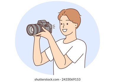 Smiling young man with professional camera taking pictures. Happy guy photographer working with equipment. Photography. Vector illustration.