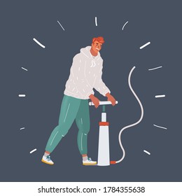 Lächelnde junge Menschen, die Hand-Luft-Pumpe, illustrieren das Konzept der Ressourcentransfer und manuelle kritische Dienste Unterstützung in Notsituationen. Fette Vektorgrafik, Web-Illustration auf dunklem Hintergrund.