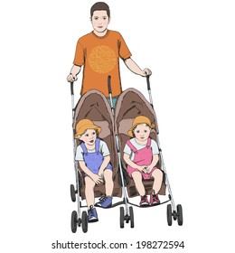 Smiling young man pushing double pram with two kids in it, twins: boy and girl of about two years old