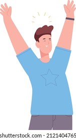 Smiling young man with raised hands. Joyful youth isolated on white background
