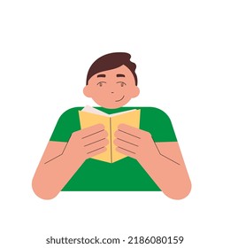 Smiling young man is reading a book. Portrait of a modern student reading books and studying. Flat vector illustration