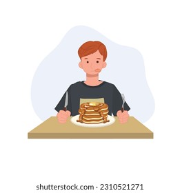 Smiling young man ready to having tasty pancake. eating pancakes. Person eating food, dish. Man having breakfast, meal. Flat vector cartoon illustration