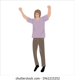 Smiling Young man rejoices at his success isolated on white background. A guy jumps and dancing while raising his hands up in honor and joy.