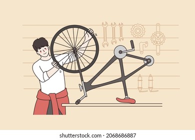 Smiling Young Man Repair Bicycle On Table In Garage Or Workshop. Happy Guy Mechanic Fixing Bike In Shop. Small Business Or Entrepreneur, Good Service Concept. Flat Vector Illustration. 