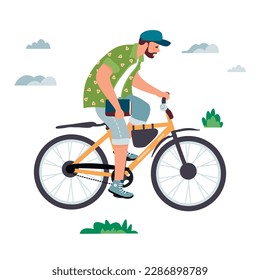Smiling young man rides a bike in summer.Male character in a printed shirt, shorts, sneakers and a cap. The guy is holding a book in his hands.Cartoon vector flat style illustration isolated on white 