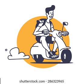 Smiling young man riding on bike with backpack. Vector outline illustration