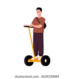 Smiling young man riding scooter vector illustration. Eco-friendly mobile transport. Means of transportation. Technology. Flat style. Isolated background.