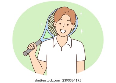Smiling young man with rocket ready to play tennis. Happy male athlete before sport competition or contest. Physical active lifestyle. Vector illustration.