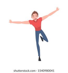 Smiling Young Man Running with Arms Outstretched, Happy Rejoicing Positive Guy Character Vector Illustration