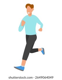 Jovem sorridente correndo para o exercício isolado no branco. O jovem se mantém saudável correndo. Desportista de ilustração vetorial.