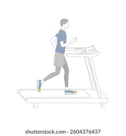 Smiling young man running on a running machine in a gym