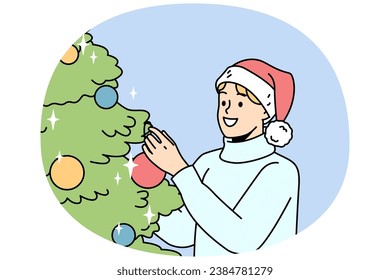 Smiling young man in Santa hat decorate Christmas tree with colorful balls. Happy guy have fun with fir-tree decoration at home celebrate New Year. Vector illustration.