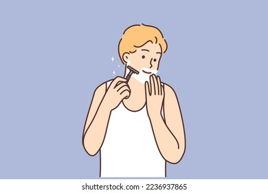 Smiling young man saving beard with razor. Happy male take care do morning facial procedures in bathroom. Hygiene and skincare. Vector illustration. 