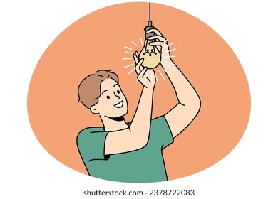 Smiling young man screwing lightbulb at home. Happy guy connect light bulb for light indoors. Vector illustration.