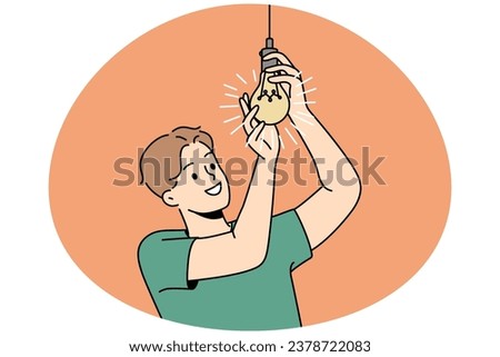 Smiling young man screwing lightbulb at home. Happy guy connect light bulb for light indoors. Vector illustration.
