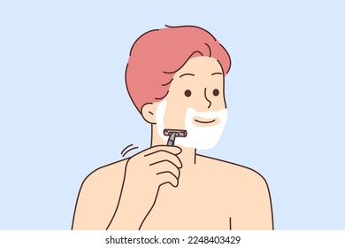 Smiling young man shaving with razor in bathroom or shower. Happy male do daily beauty skincare procedures. Wellness and facial treatment. Vector illustration. 