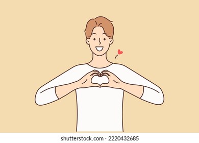 Smiling young man show heart hand gesture share care and support. Happy guy with love sign feel grateful and supportive. Gratitude and charity. Vector illustration. 