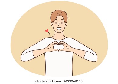 Smiling young man show heart hand gesture share care and support. Happy guy with love sign feel grateful and supportive. Gratitude and charity. Vector illustration.