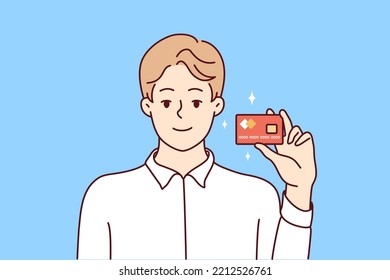 Smiling young man show plastic bank debit or credit card. Happy male client or customer posing with new card issued. Vector illustration. 