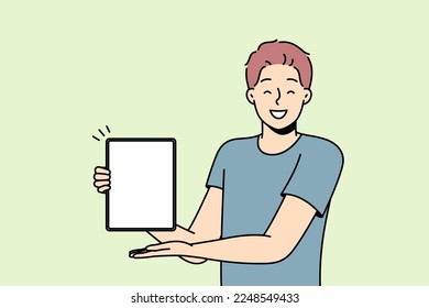 Smiling young man show tablet with mockup screen. Happy male demonstrate empty blank screen on pad device demonstrate good offer or deal. Vector illustration. 