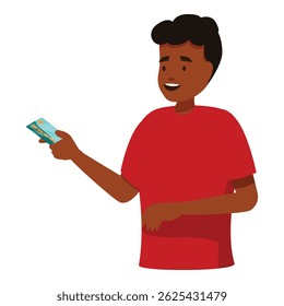 Smiling young man showing credit card, making online payment, shopping or donating