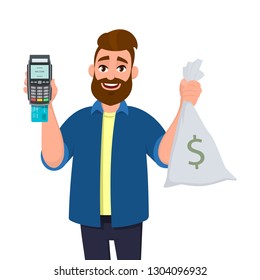 Smiling young man is showing or holding money bag, cash bag and POS terminal or credit, debit card swiping payment machine in hand. Business, finance, payment, cashless, wireless concept illustration.