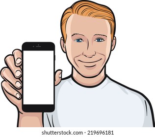 smiling young man showing a mobile app on a smart phone