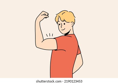 Smiling young man showing muscles. Happy healthy guy demonstrate muscular toned body. Sport and physical activity. Vector illustration. 