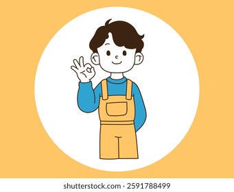 Smiling young man showing an OK hand sign, minimal line art vector illustration.