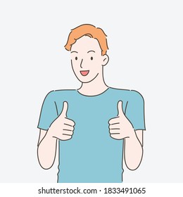 Smiling young man showing thumbs up. Vector illustration in hand drawn style