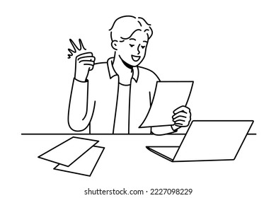 Smiling young man sit at desk work on computer excited with good news in letter. Happy guy celebrate promotion or win notification in paperwork. Vector illustration. 