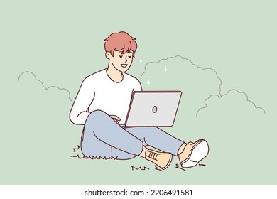 Smiling young man sit on grass in park working on laptop. Happy guy relax outdoors with computer. Freelancer and remote work. Vector illustration. 