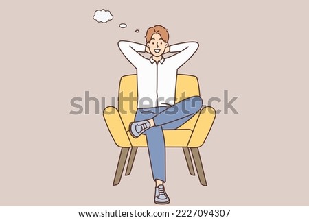Smiling young man sit on chair thinking. Happy male relax in armchair with speech bubbles above head. Brainstorm and relaxation. Vector illustration. 
