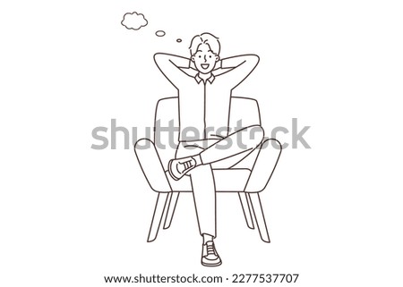 Smiling young man sit on chair thinking. Happy male relax in armchair with speech bubbles above head. Brainstorm and relaxation. Vector illustration. 