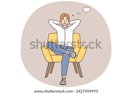 Smiling young man sit on chair thinking. Happy male relax in armchair with speech bubbles above head. Brainstorm and relaxation. Vector illustration.