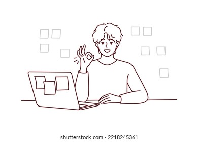 Smiling young man sit at table work on laptop show thumb up. Happy male employee recommend online program engaged in creative thinking. Vector illustration.