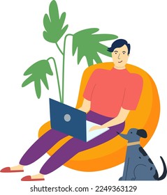 Smiling young man sitting in bean bag chair and working with notebook and his dog. Freelance or studying concept
