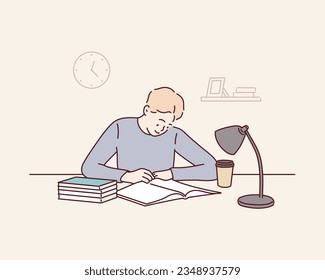 Smiling young man sitting at desk working on laptop writing letter in paper notebook. Hand drawn style vector design illustrations.