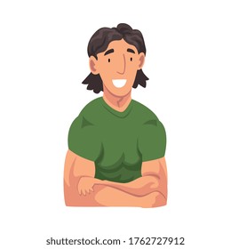 Smiling Young Man Sitting with Folded Hands and Looking at Us Cartoon Vector Illustration