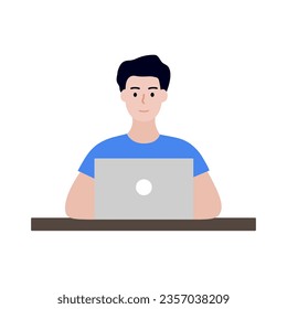 Smiling young man sitting in front of laptop working. Remote distance, technology, flexible schedule, freelance, online learning concept. Flat character vector design isolated illustration.