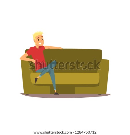 Smiling young man sitting on the couch vector Illustration