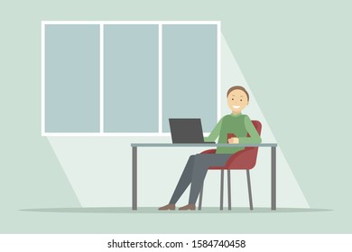Smiling young man sitting at table, working on laptop and drinking coffee. Vector illustration.