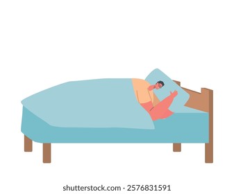 Smiling Young Man Sleeping on Bed. Rest after Work. Isolated on White Background. Cartoon People Vector Illustration