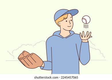 Smiling young man in sportswear with baseball glove and ball. Happy male athlete play baseball on field. Sport and hobby. Vector illustration. 