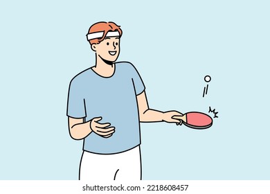 Smiling young man in sportswear playing tennis. Happy male athlete or sportsman with racket engaged in sportive game. Vector illustration. 