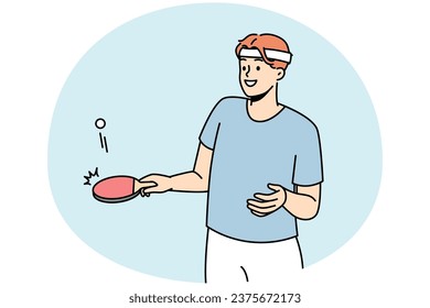 Smiling young man in sportswear playing tennis. Happy male athlete or sportsman with racket engaged in sportive game. Vector illustration.