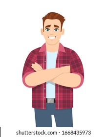 Smiling young man standing with crossed hands or folded arms. Stylish trendy person wearing casual fashion costume. Male character design illustration. Modern lifestyle concept in vector cartoon.